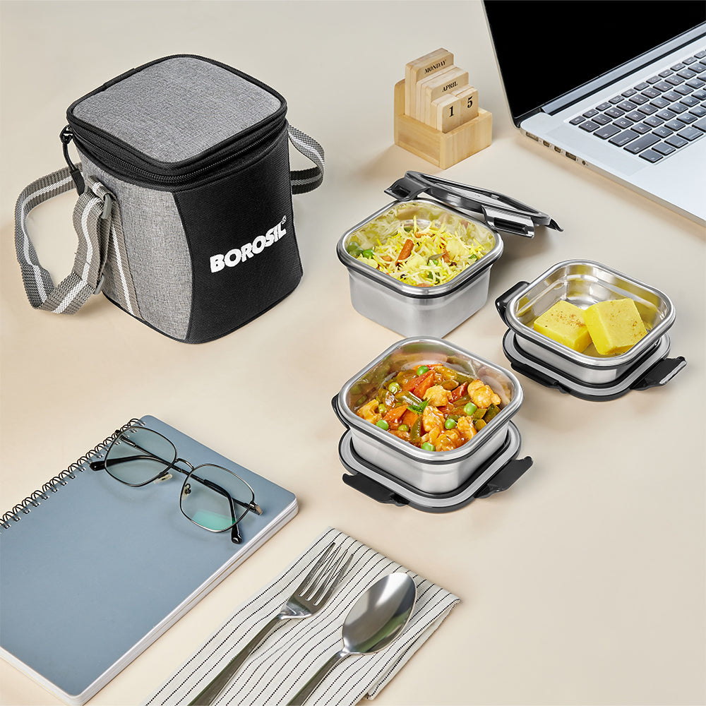 Borosil Feast Stainless Steel Square Tiffin Box Set of 3 (520 ml, 400 ml & 250 ml)