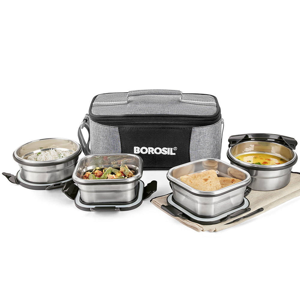 Borosil Feast Steel Tiffin Box Set of 4 (2 Square + 2 Round, 400 ml Each)