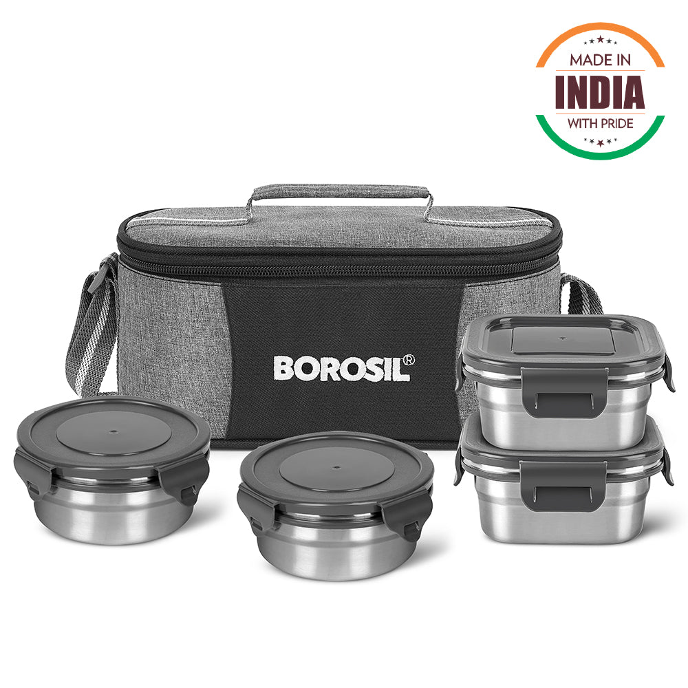 Borosil Feast Steel Tiffin Box Set of 4 (2 Square + 2 Round, 400 ml Each)