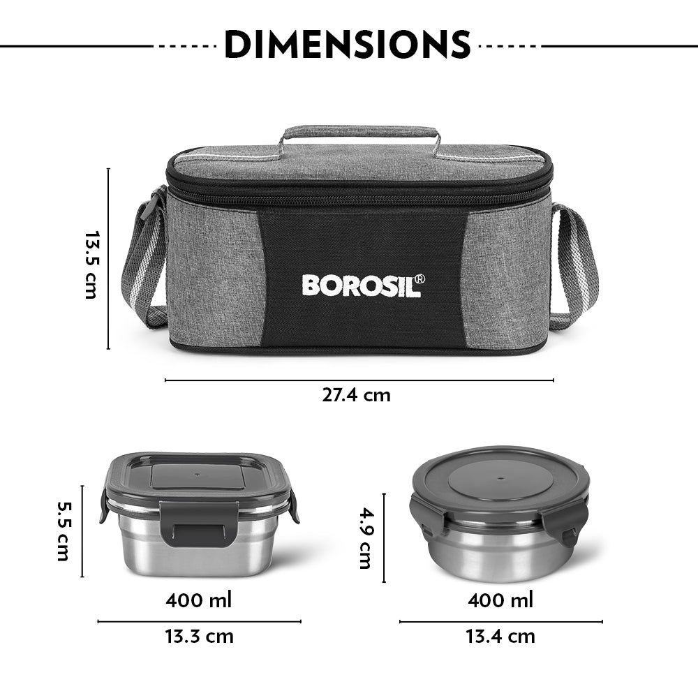 Borosil Feast Steel Tiffin Box Set of 4 (2 Square + 2 Round, 400 ml Each)