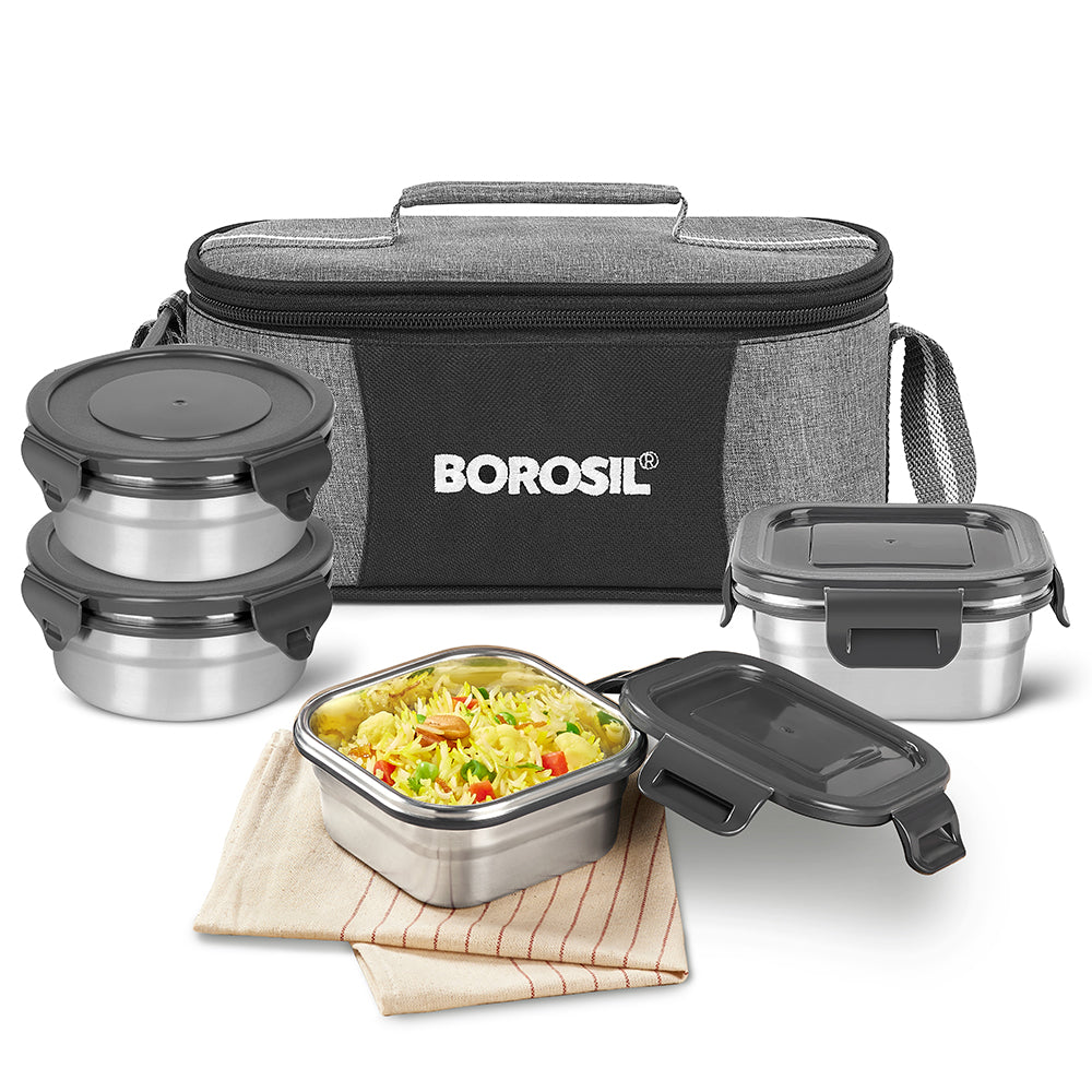 Borosil Feast Steel Tiffin Box Set of 4 (2 Square + 2 Round, 400 ml Each)