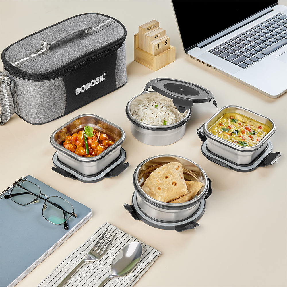 Borosil Feast Steel Tiffin Box Set of 4 (2 Square + 2 Round, 400 ml Each)