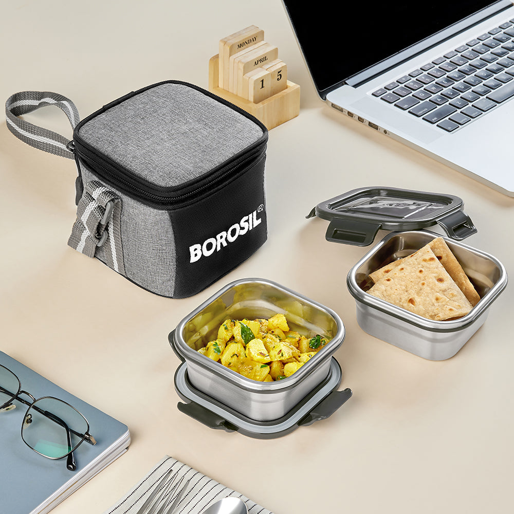 Borosil Feast Stainless Steel Vertical Tiffin Box Set of 2 – Square (400 ml Each)
