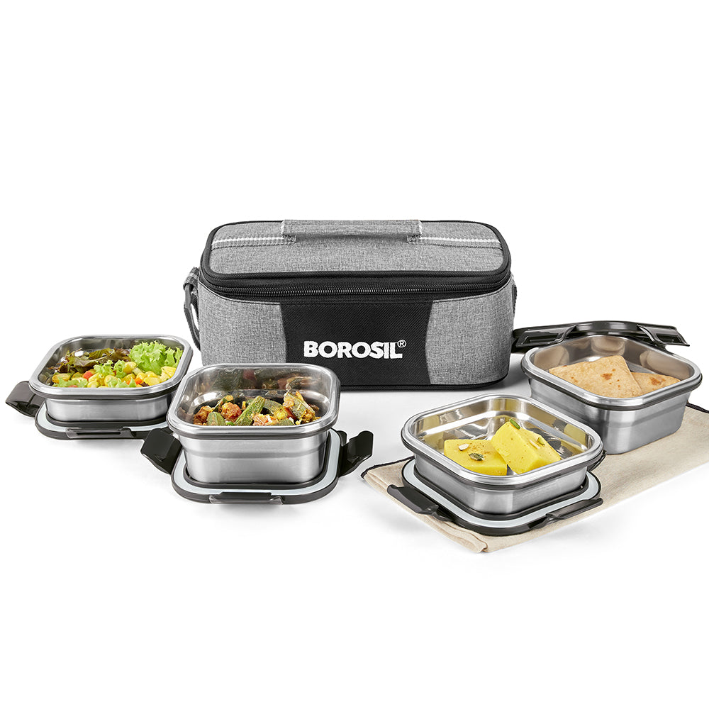 Borosil Feast Stainless Steel Tiffin Box Set of 4 – Square (2 × 400 ml, 2 × 250 ml)
