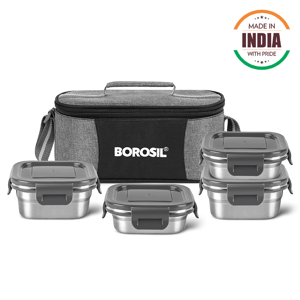 Borosil Feast Stainless Steel Tiffin Box Set of 4 – Square (2 × 400 ml, 2 × 250 ml)