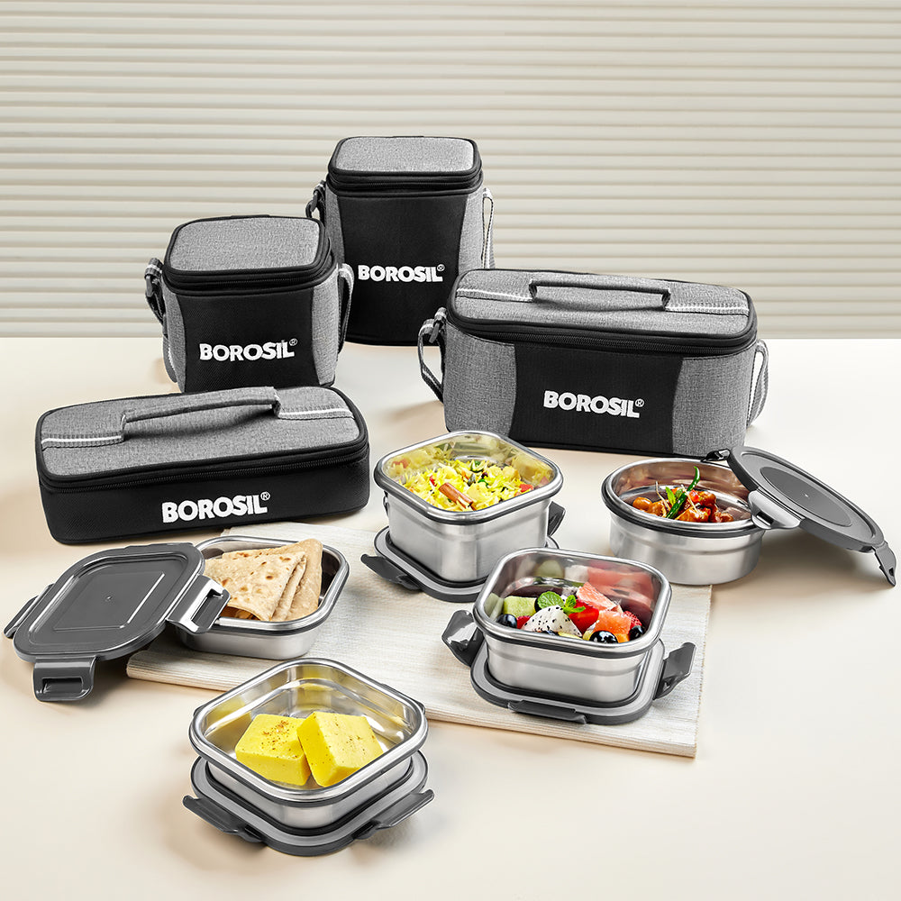 Borosil Feast Stainless Steel Tiffin Box Set of 4 – Square (2 × 400 ml, 2 × 250 ml)