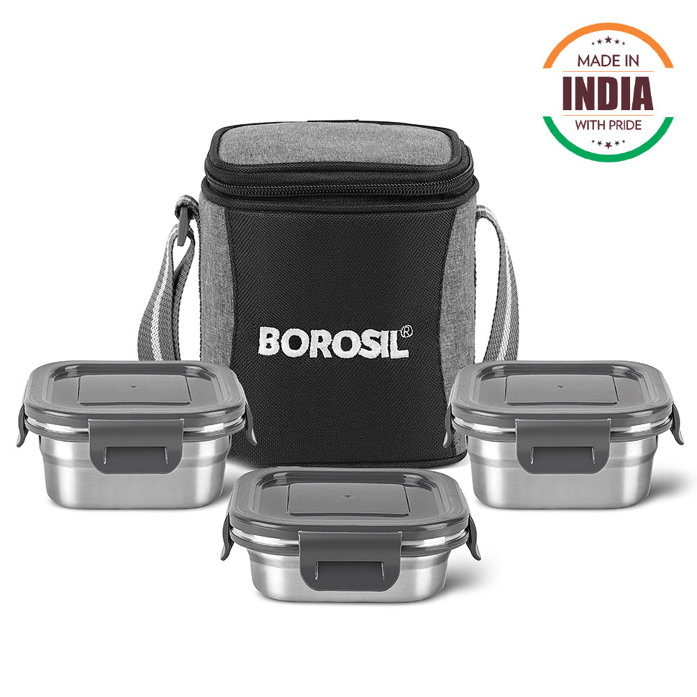 Borosil Feast Stainless Steel Tiffin Box Set of 3 – Square (2 × 400 ml, 1 × 250 ml)
