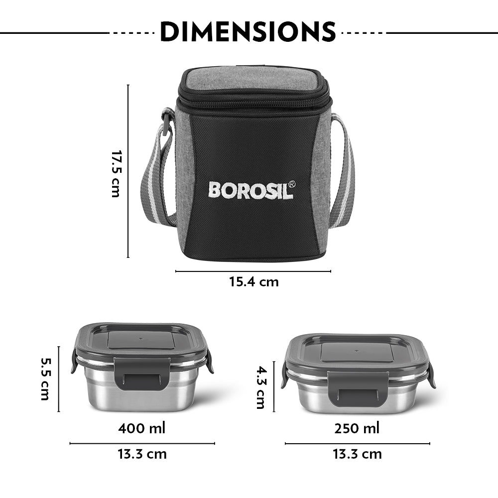 Borosil Feast Stainless Steel Tiffin Box Set of 3 – Square (2 × 400 ml, 1 × 250 ml)