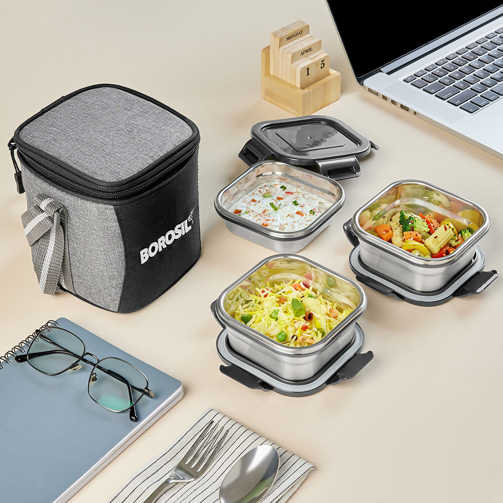 Borosil Feast Stainless Steel Tiffin Box Set of 3 – Square (2 × 400 ml, 1 × 250 ml)