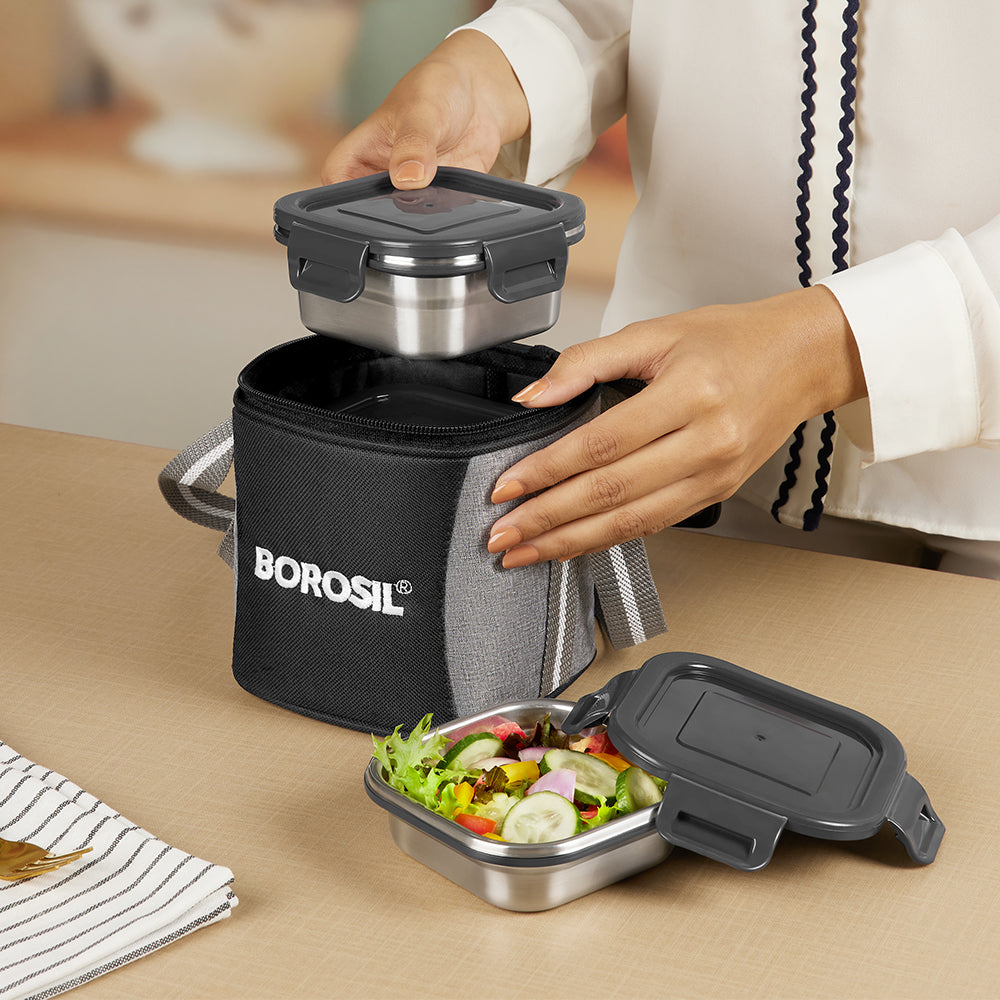 Borosil Feast Stainless Steel Tiffin Box Set of 3 – Square (2 × 400 ml, 1 × 250 ml)