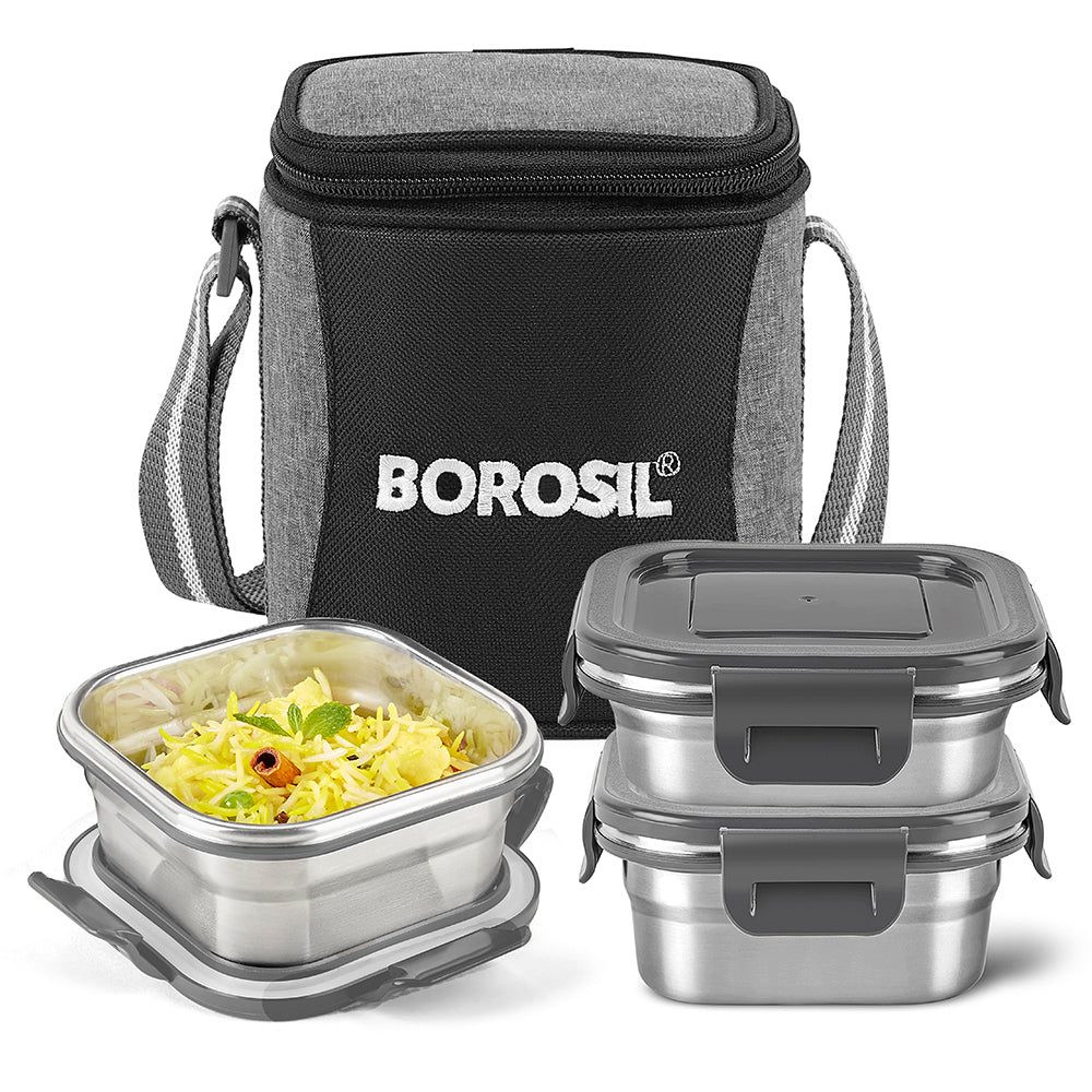 Borosil Feast Stainless Steel Tiffin Box Set of 3 – Square (2 × 400 ml, 1 × 250 ml)
