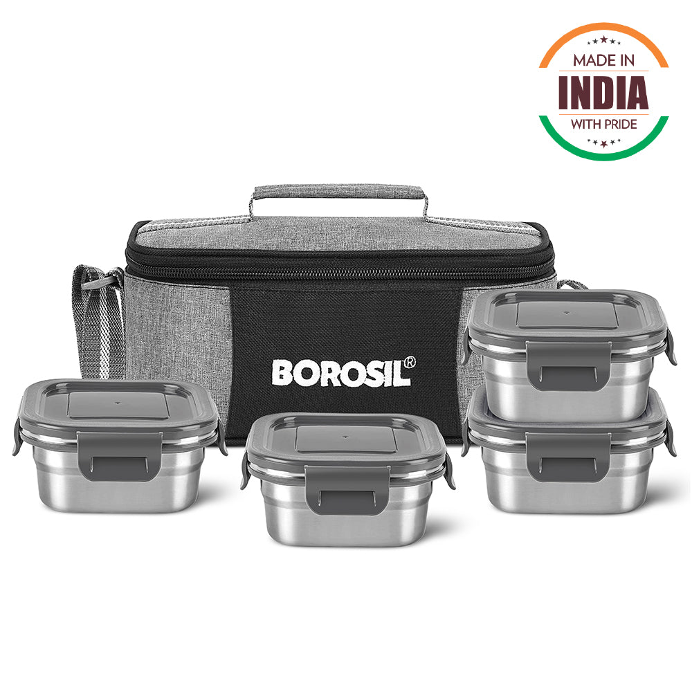 Borosil Feast Stainless Steel Tiffin Box Set of 4 – Square (400 ml Each)