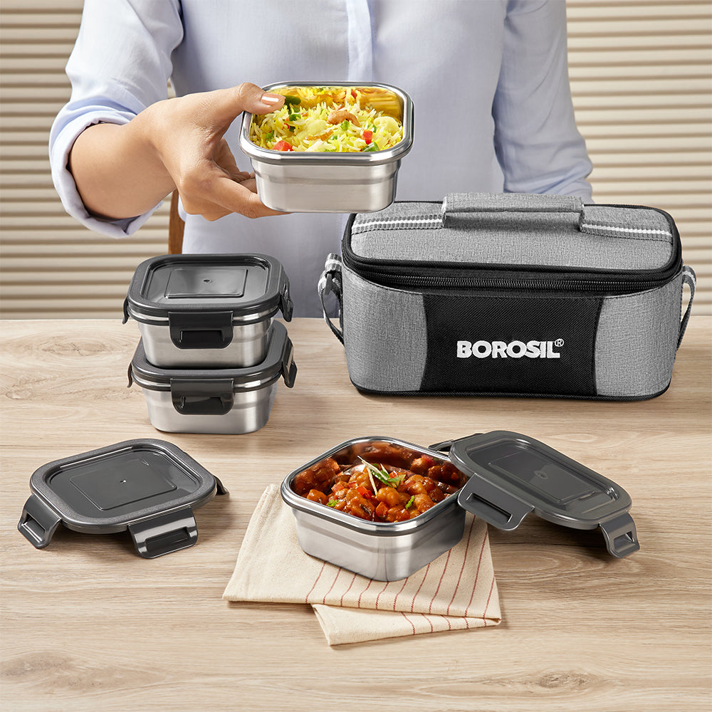 Borosil Feast Stainless Steel Tiffin Box Set of 4 – Square (400 ml Each)