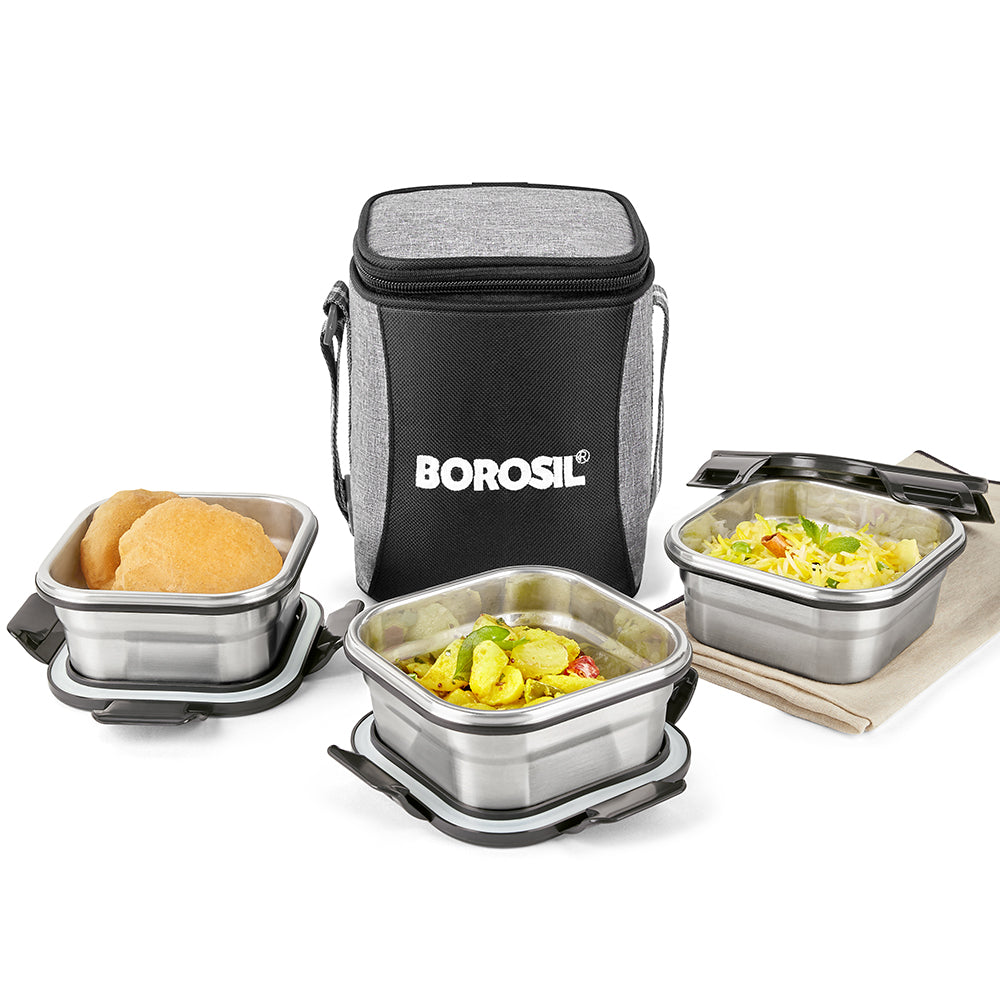 Borosil Feast Stainless Steel Tiffin Box Set of 3 – Square (400 ml Each)