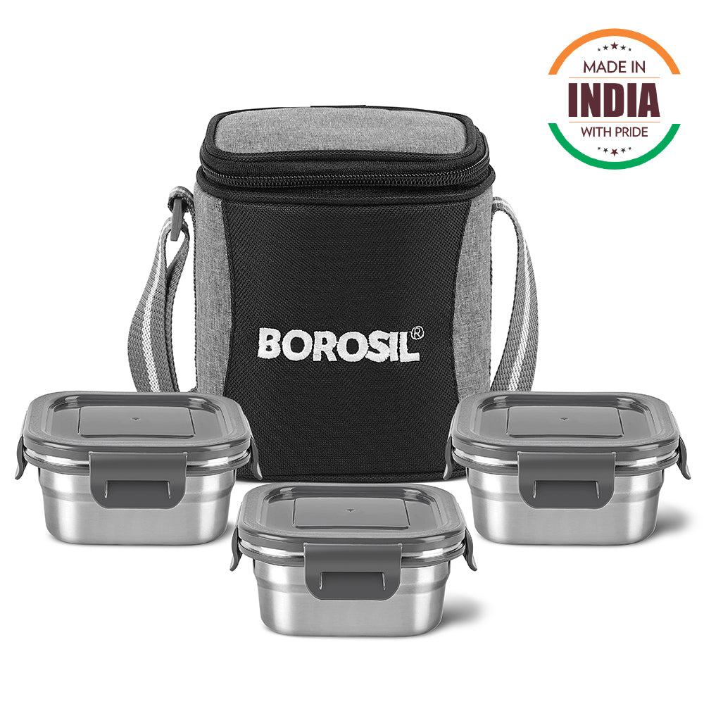 Borosil Feast Stainless Steel Tiffin Box Set of 3 – Square (400 ml Each)