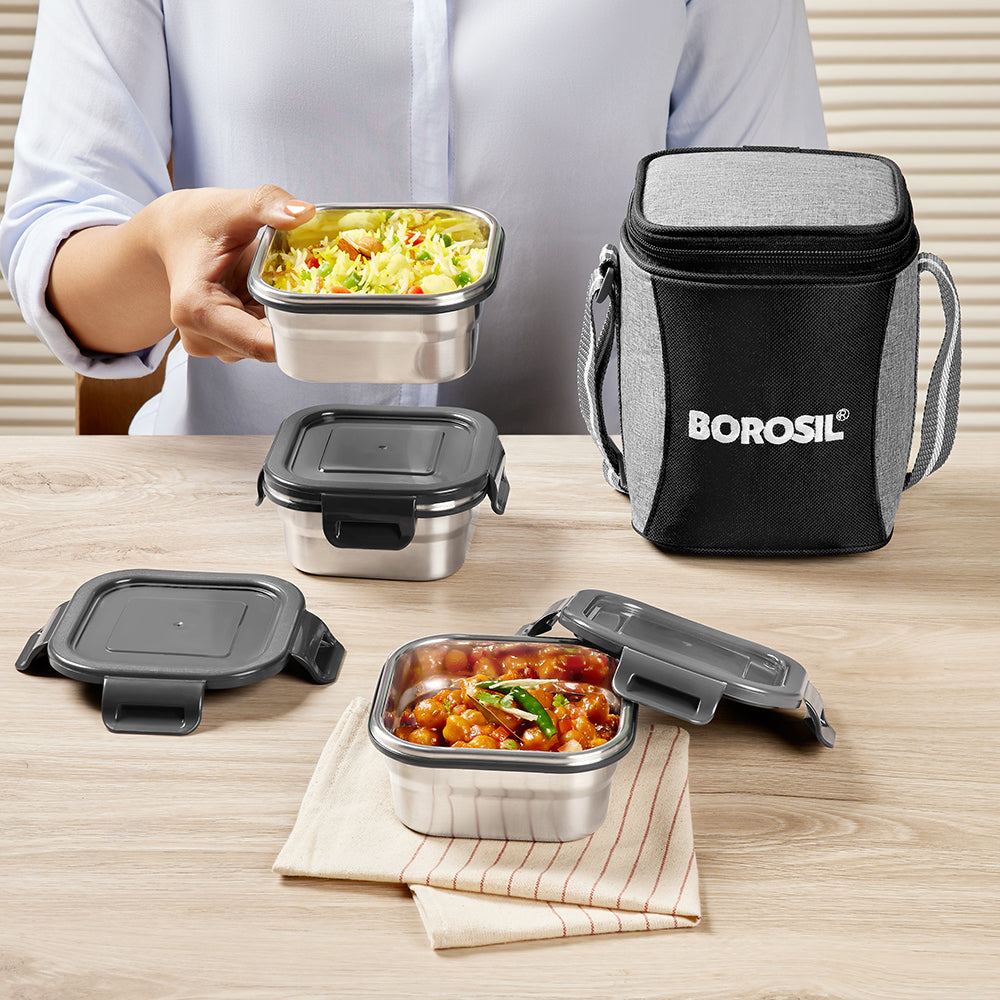 Borosil Feast Stainless Steel Tiffin Box Set of 3 – Square (400 ml Each)