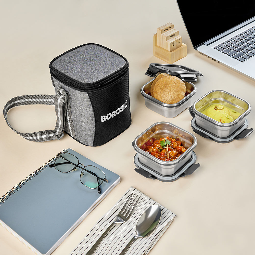Borosil Feast Stainless Steel Tiffin Box Set of 3 – Square (400 ml Each)
