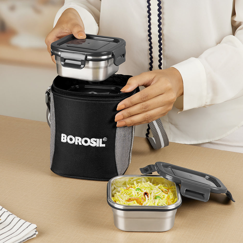 Borosil Feast Stainless Steel Tiffin Box Set of 3 – Square (400 ml Each)