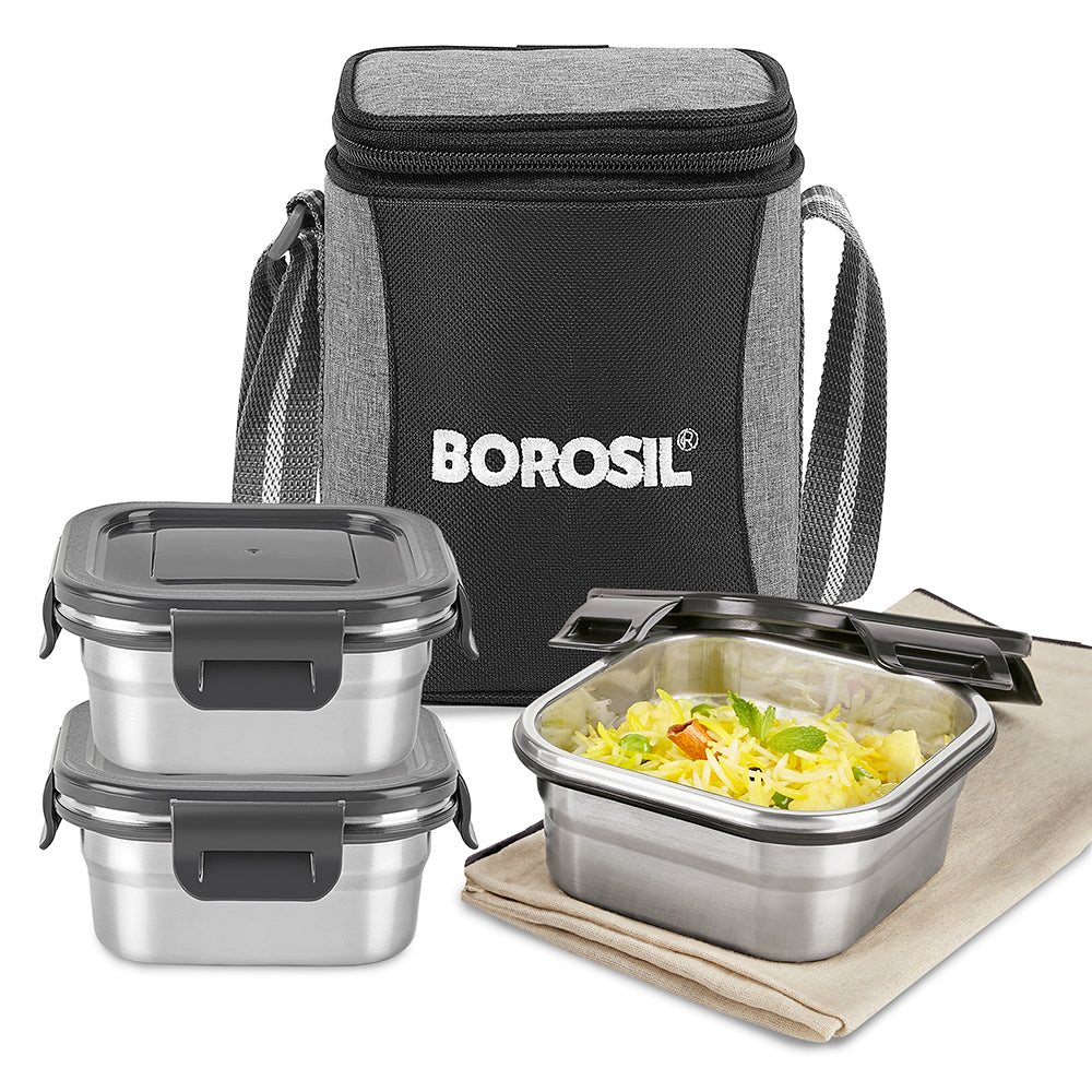 Borosil Feast Stainless Steel Tiffin Box Set of 3 – Square (400 ml Each)