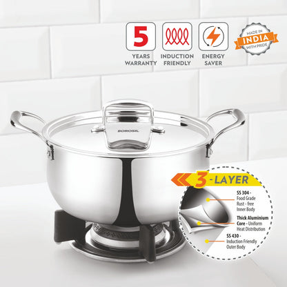 Borosil Cookfresh Triply Casserole (Steel Handle + Lid), 2.1L