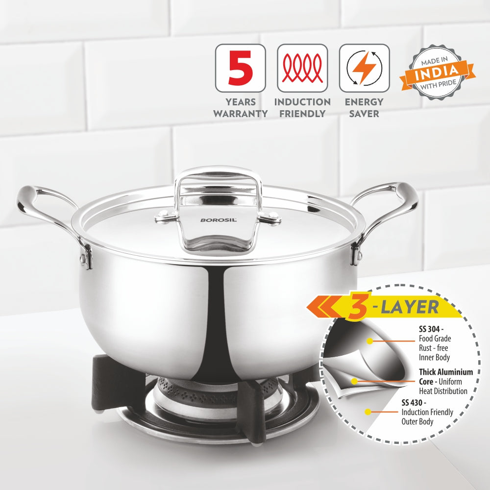 Borosil Cookfresh Triply Casserole (Steel Handle + Lid), 3.6L