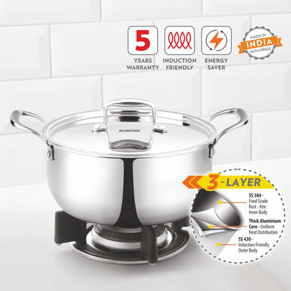 Borosil Cookfresh Triply Casserole (Steel Handle + Lid), 3.6L
