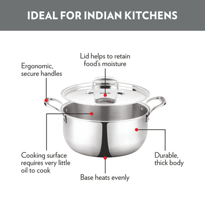 Borosil Cookfresh Triply Casserole (Steel Handle + Lid), 4.6L