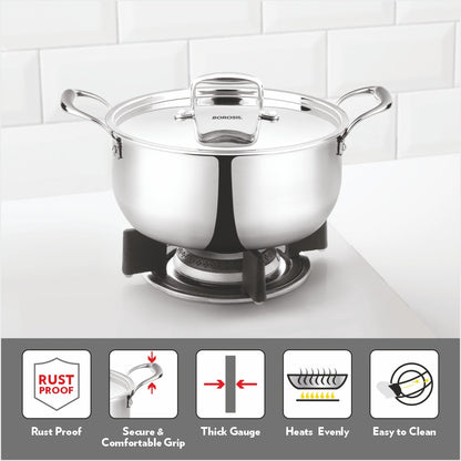 Borosil Cookfresh Triply Casserole (Steel Handle + Lid), 4.6L