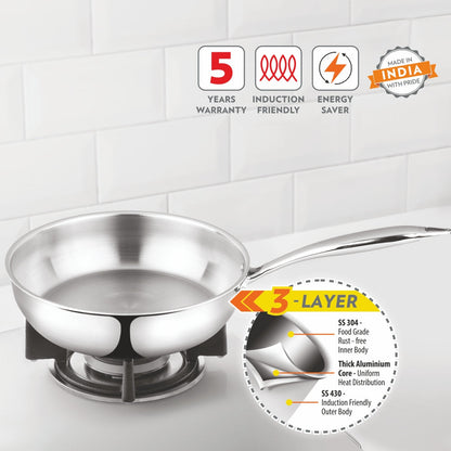 Borosil Cookfresh Triply Frying Pan (Steel Handle), 2.3L