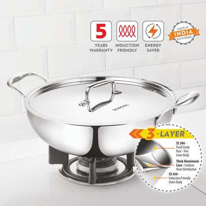 Borosil Cookfresh Triply Kadhai (SS Handle + Lid), 2.1L