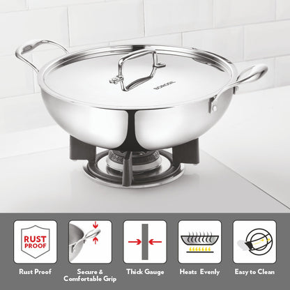 Borosil Cookfresh Triply Kadhai (SS Handle + Lid), 2.1L