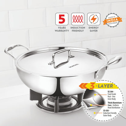 Borosil Cookfresh Triply Kadhai (SS Handle + Lid), 2.7L