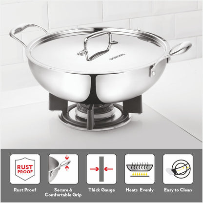 Borosil Cookfresh Triply Kadhai (SS Handle + Lid), 3.6L