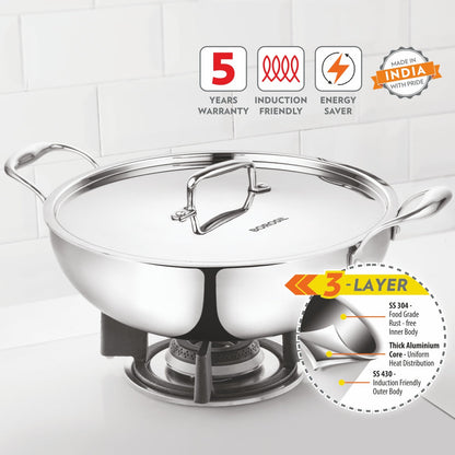 Borosil Cookfresh Triply Kadhai (SS Handle + Lid), 4.6L