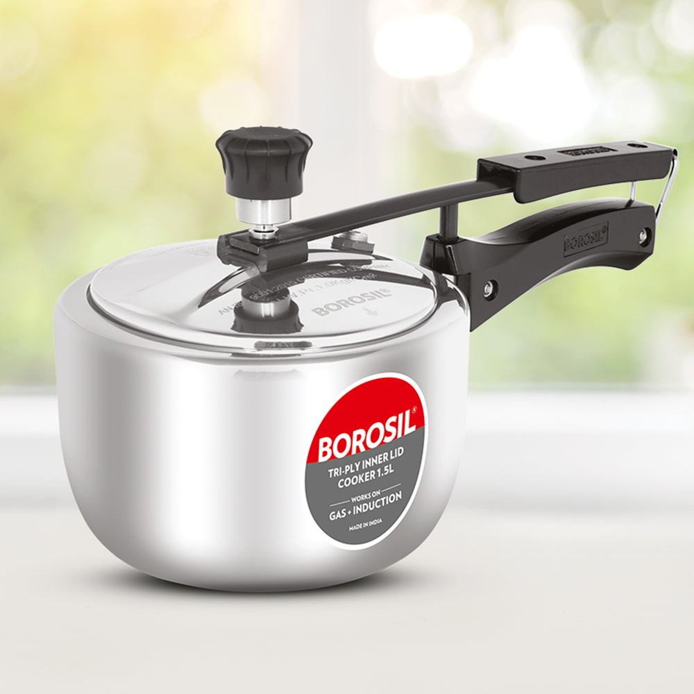 Borosil Inner Lid Tri-Ply Pressure Cooker, 1.5L
