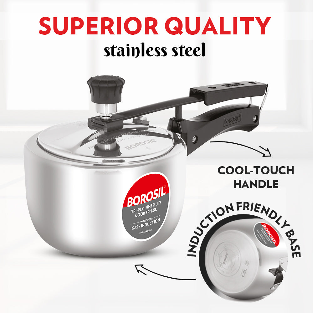 Borosil Inner Lid Tri-Ply Pressure Cooker, 1.5L