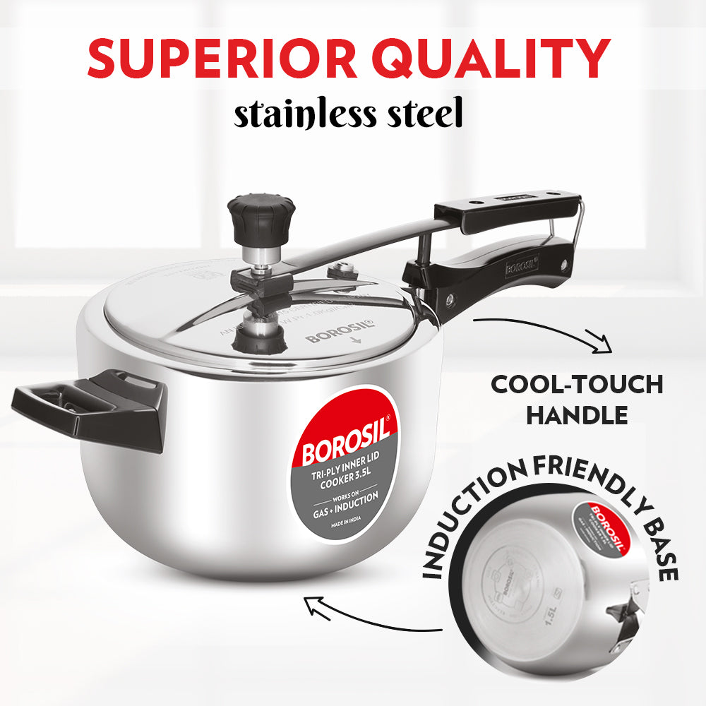 Borosil Inner Lid Tri-Ply Pressure Cooker, 3.5L