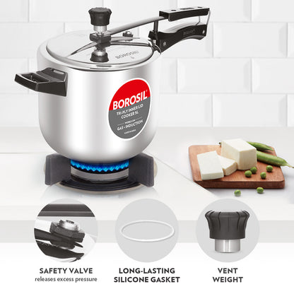Borosil Inner Lid Tri-Ply Pressure Cooker, 5L