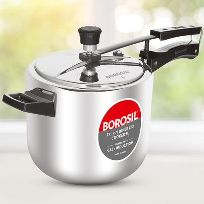 Borosil Inner Lid Tri-Ply Pressure Cooker, 5L