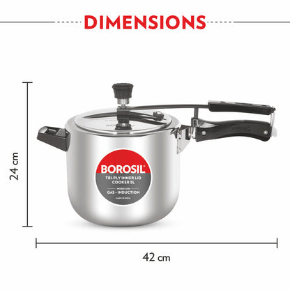 Borosil Inner Lid Tri-Ply Pressure Cooker, 5L