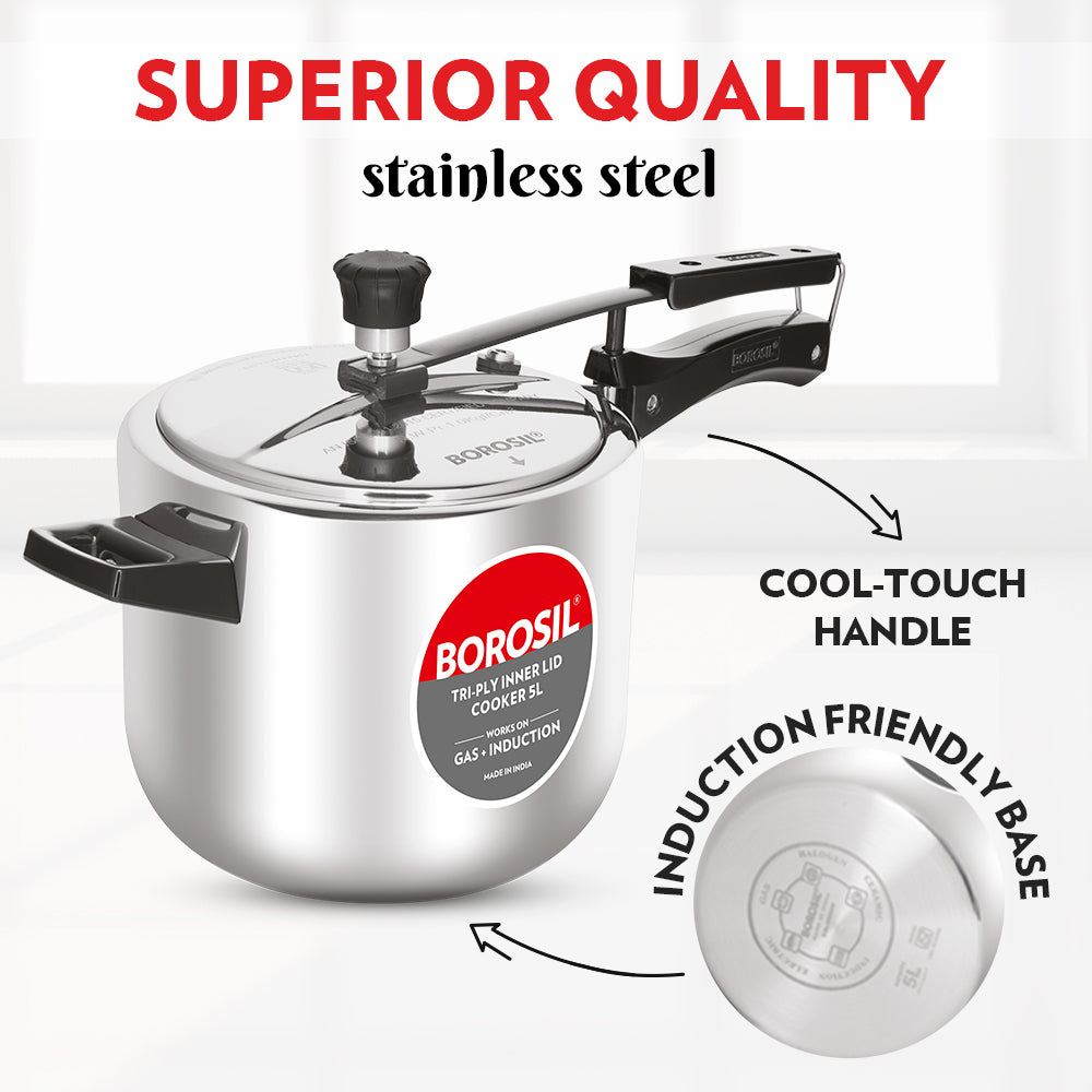 Borosil Inner Lid Tri-Ply Pressure Cooker, 5L