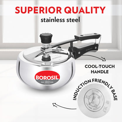 Borosil Pronto Tri-ply Inner Lid Pressure Cooker, 2.5L