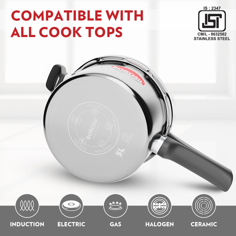 Borosil Presto Tri-Ply Outer Lid Pressure Cooker, 5L
