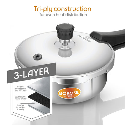 Borosil Presto Tri-Ply Outer Lid Pressure Cooker, 1.5 L