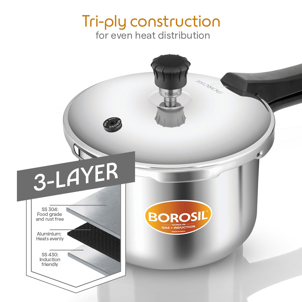 Borosil Presto Tri-Ply Outer Lid Pressure Cooker, 3 L