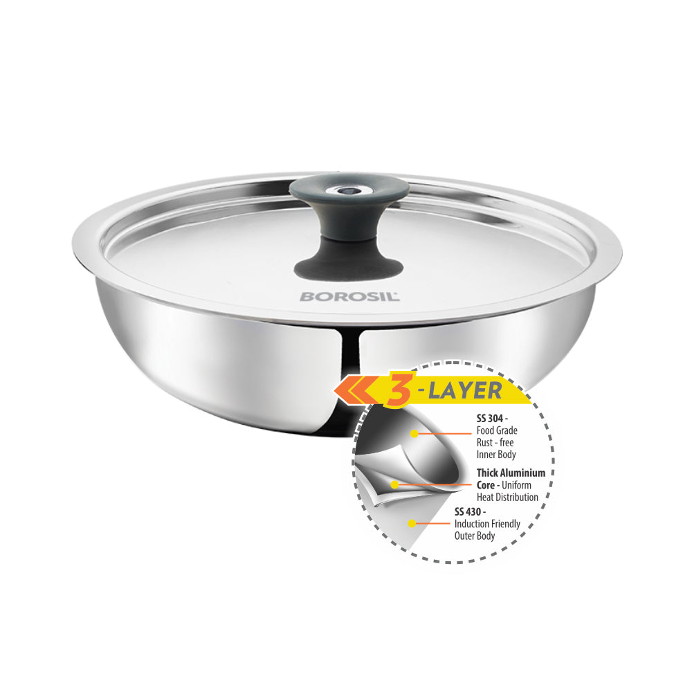 Borosil Cookfresh Triply Tasla (Silicone Handle + Lid)