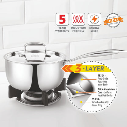 Borosil Cookfresh Triply Saucepan (Steel Handle), 2.3L