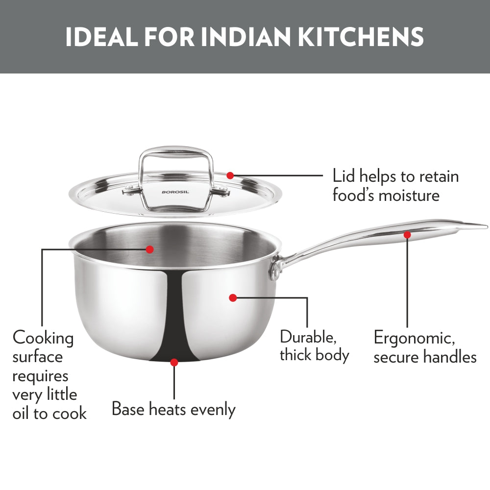 Borosil Cookfresh Triply Saucepan (Steel Handle), 2.3L