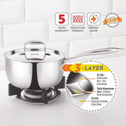Borosil Cookfresh Triply Saucepan (Steel Handle), 3.1L