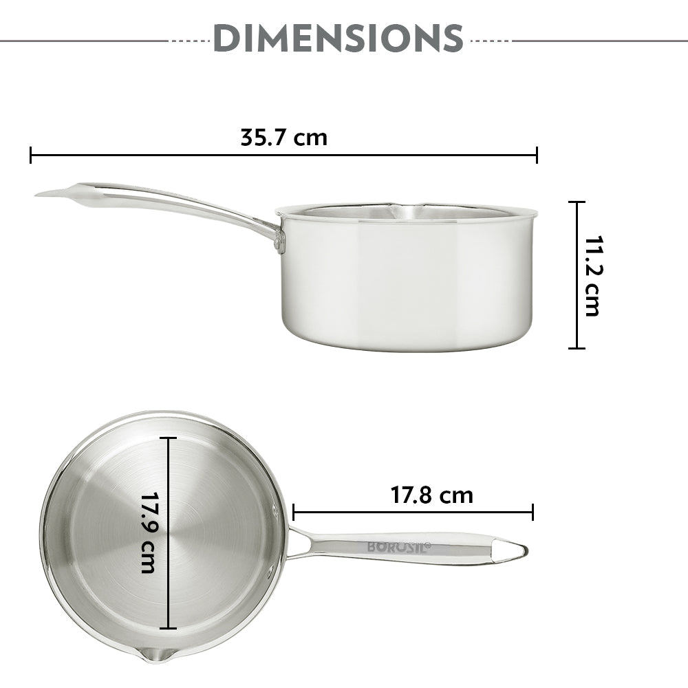 Borosil Cookfresh Triply Saucepan w Spout (Steel Handle), 1.7L/16cm